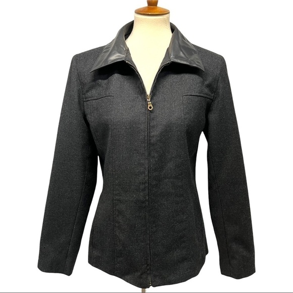 Sandro Jackets & Blazers - Sandro Wool Black Zip Front Jacket Vegan Leather Trim Classic Blazer Women Med